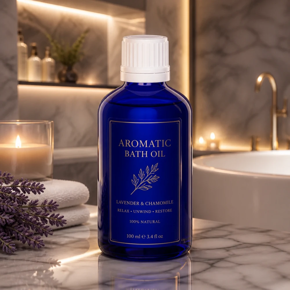 Flacon en verre bleu cobalt de 100 ml avec bouchon à vis blanc et compte-gouttes, dans une salle de bains de luxe