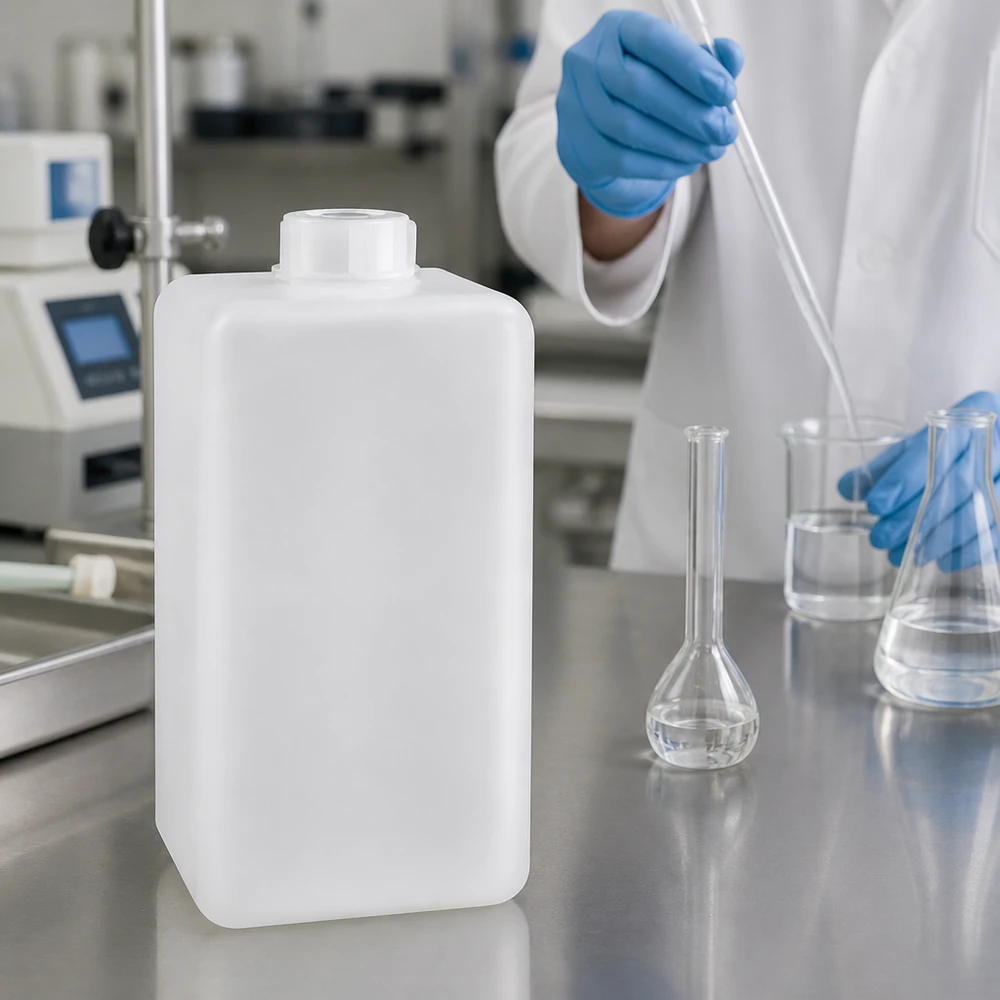 Bouteille en PE-HD de 1 500 ml, à col étroit, de couleur naturelle, pour le stockage des liquides de laboratoire nécessitant une résistance aux produits chimiques