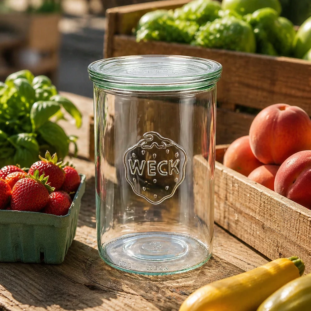 1000ml Sturzglas mit Glasdeckel WECK RR100 WECK Sturzglas 1000ml RR100 leer im Freien auf Holztisch umgeben von frischem Obst und Gemüse in Holzkisten