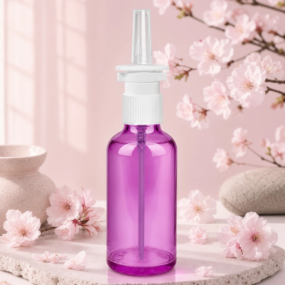 Flacone spray nasale da 50 ml bianco/trasparente standard PurpleLine. UT18/50 Flacone igienico per spray nasale da 50 ml con tappo di sicurezza dall'elegante design viola