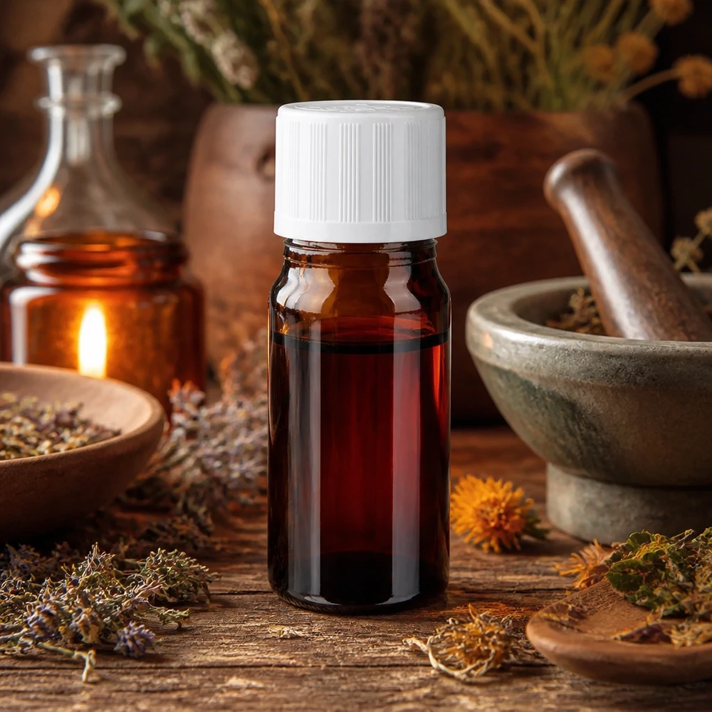 Flacon compte-gouttes brun de 5 ml en verre de pharmacie, muni d'un bouchon KiSi blanc, contenant des herbes séchées