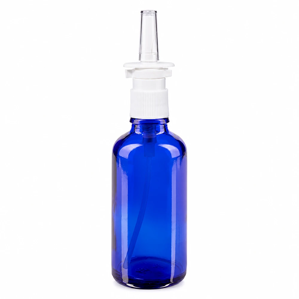 Zylindrische blaue 50ml ApoGlas-Flasche mit weißem Schraubring und transparentem Nasenapplikator