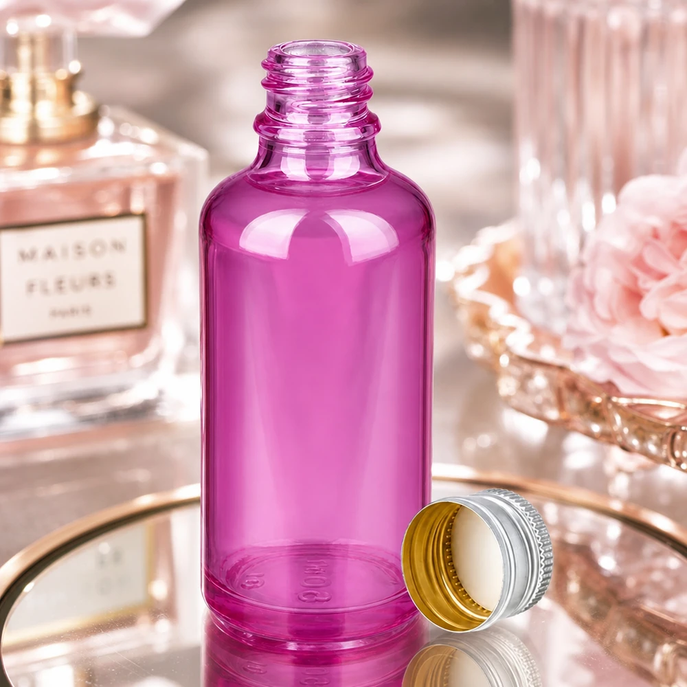 Flacone in vetro viola da 50 ml con protezione UV e tappo argentato per prodotti sensibili alla luce