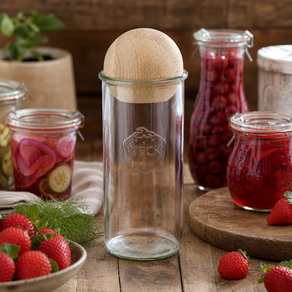 WECK Sturzglas 1500ml RR100 dekorativ arrangiert mit Marmeladengläsern und frischen Erdbeeren auf Holztisch