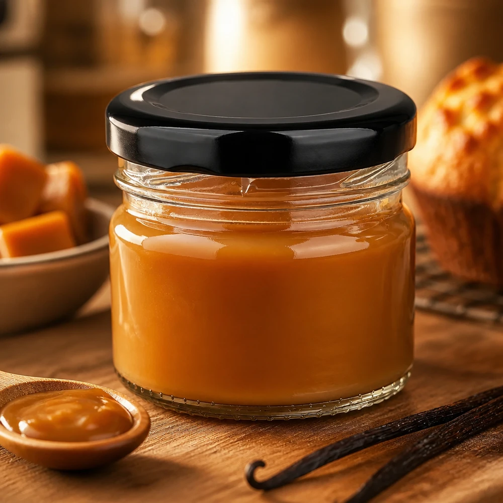 33ml Rundglas + BasicSeal Deckel schwarz UNiTWIST Kleines 33ml Einmachglas mit schwarzem Schraubdeckel gefüllt mit goldener Karamellsauce