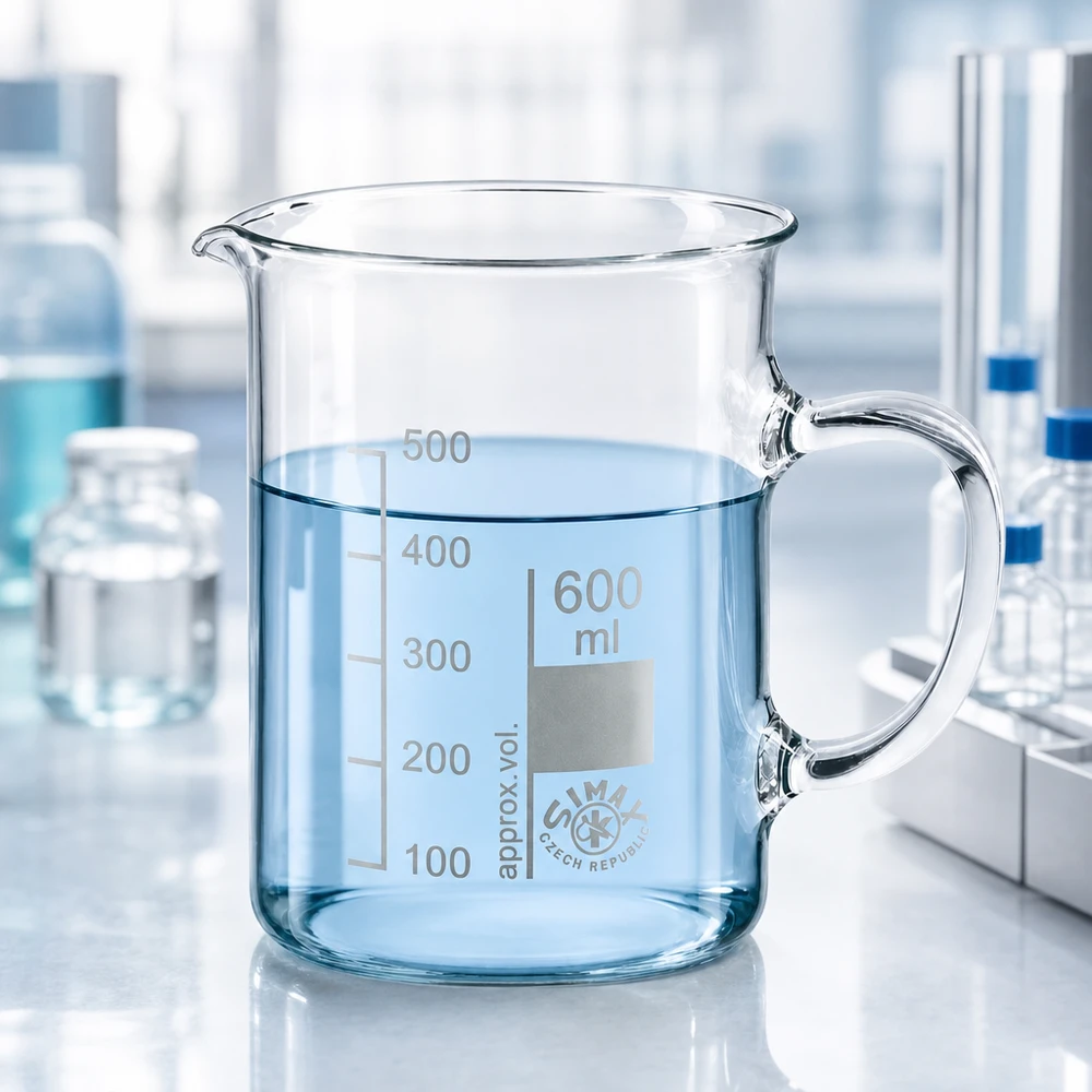 Bicchiere da 600 ml in vetro borosilicato, con manico Bicchiere Simax da 600 ml con manico, in vetro borosilicato trasparente, riempito per metà con acqua