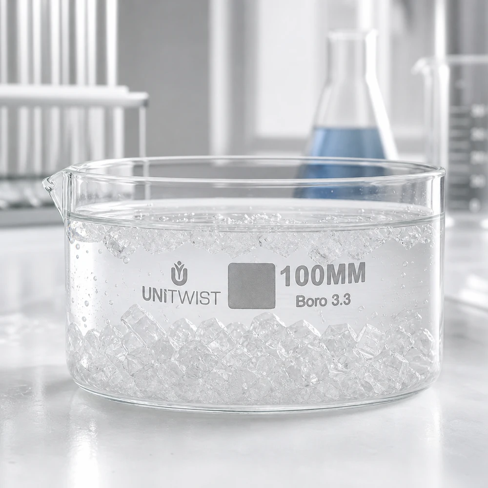 Cristallisoir ø100mm verre borosilicaté UNiTWIST Bol de cristallisation UNiTWIST 100 mm rempli de glaçons, verre borosilicaté de laboratoire transparent