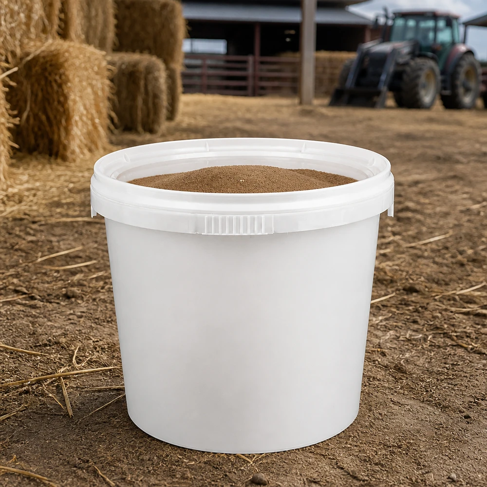 PP Eimer 1 Liter weiß mit Schnappdeckel gefüllt mit braunem Tierfutter auf Farmgelände