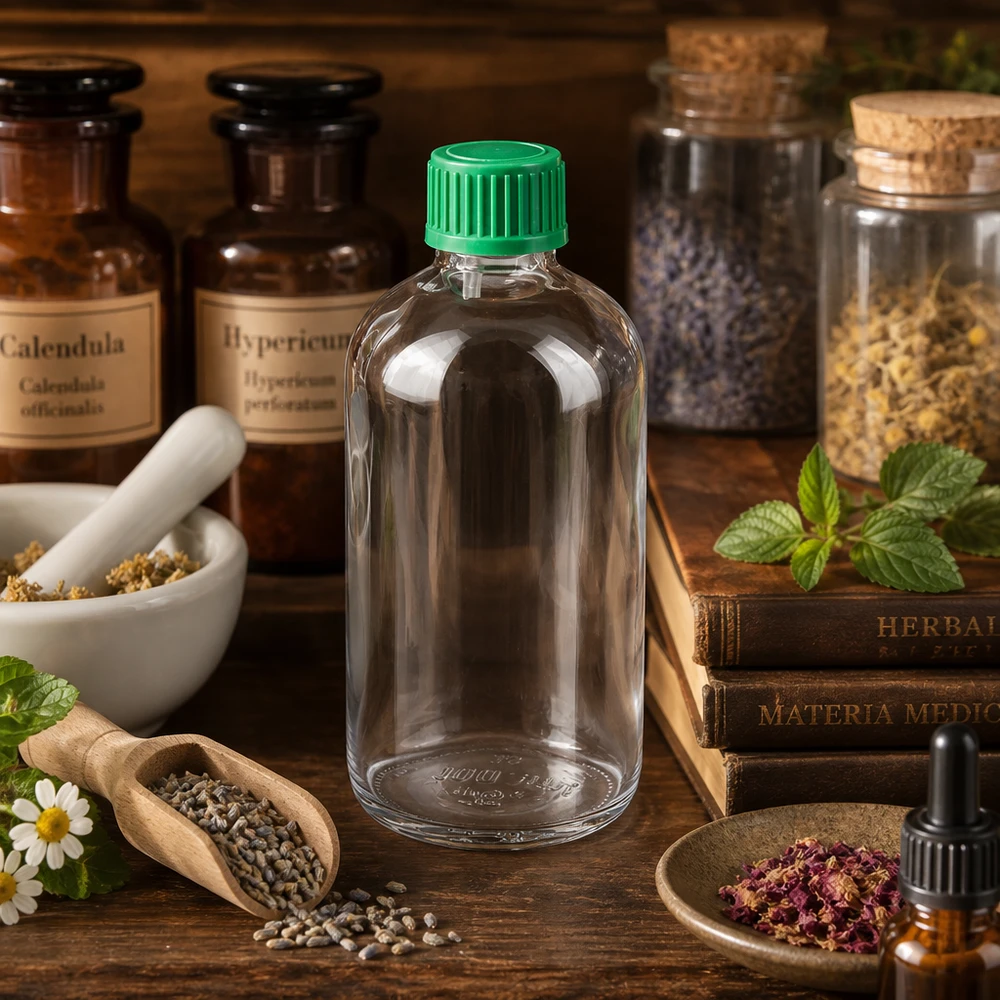 Flacone contagocce in vetro trasparente da 100 ml con tappo verde per libri sulle erbe e piante medicinali
