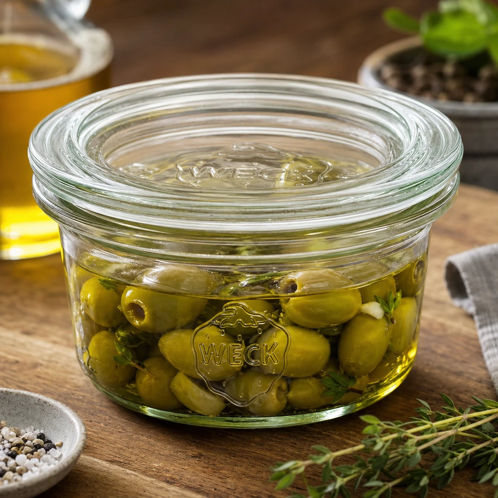 50ml Sturzglas mit Glasdeckel WECK RR60 WECK Sturzglas 50ml mit eingelegten Oliven in Kräuteröl gefüllt neben Gewürzen auf Holzuntergrund