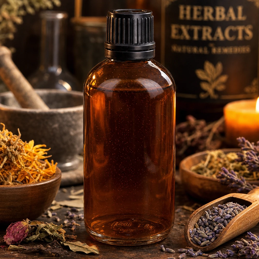 Flacone di vetro da 100 ml color ambra contenente estratti di erbe, circondato da erbe medicinali essiccate e lavanda
