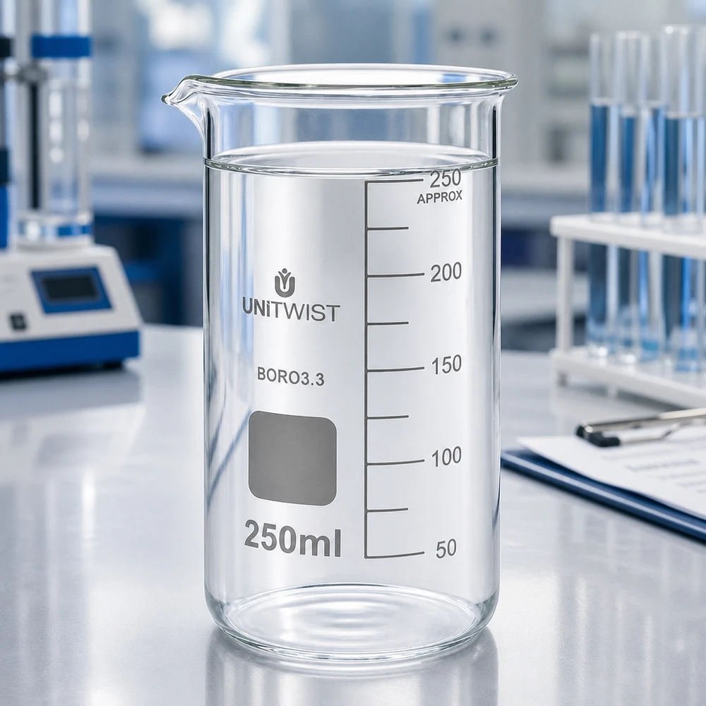 Bicchiere 250ml borosilicato, stampo alto UNITWIST Bicchiere UNITWIST vuoto da 250 ml, modello alto, in borosilicato 3.3, su un banco da laboratorio, con scala di misurazione