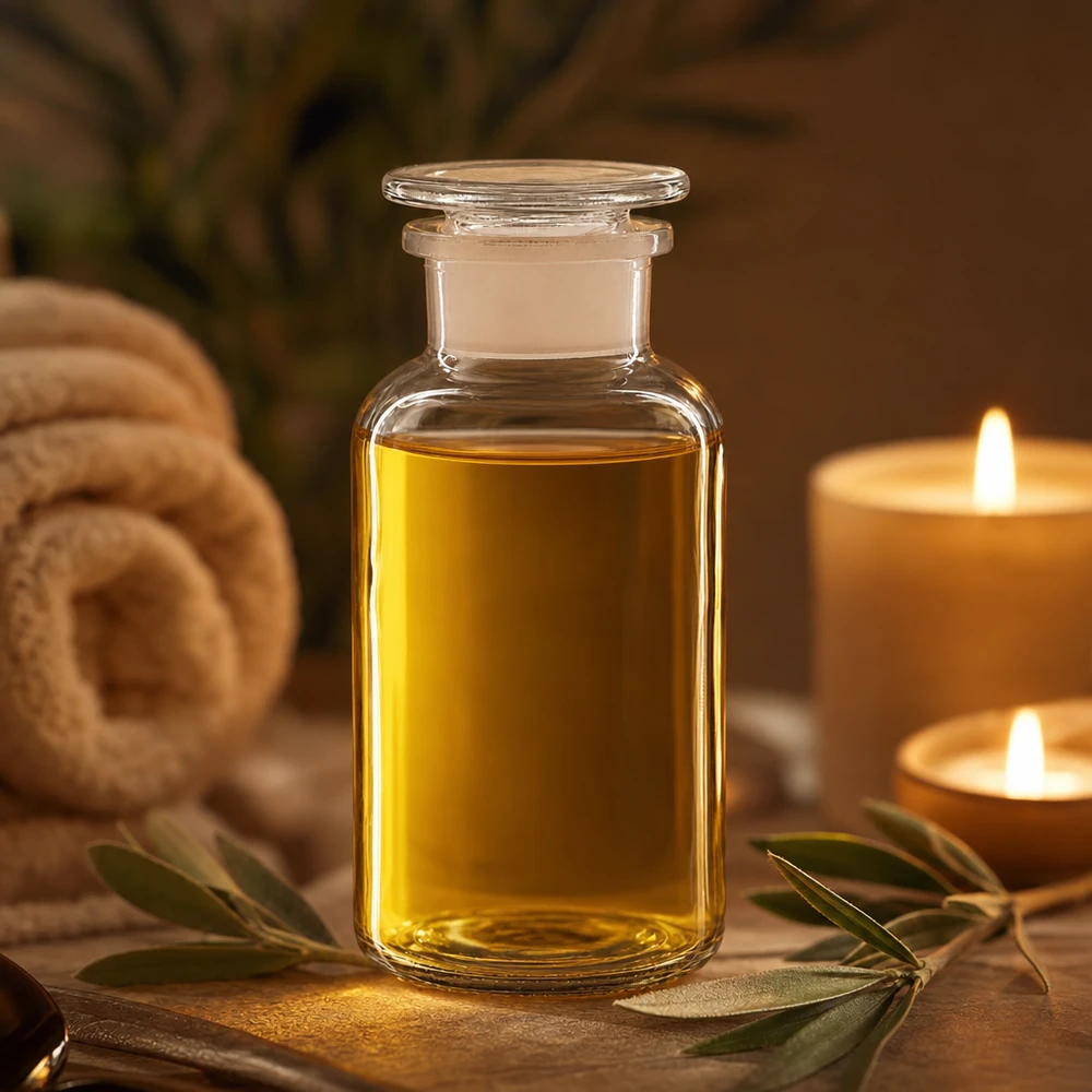 Bottiglia a spalla arrotondata da 500 ml riempita di olio dorato, accanto a candele e un ramoscello d’ulivo: atmosfera da spa