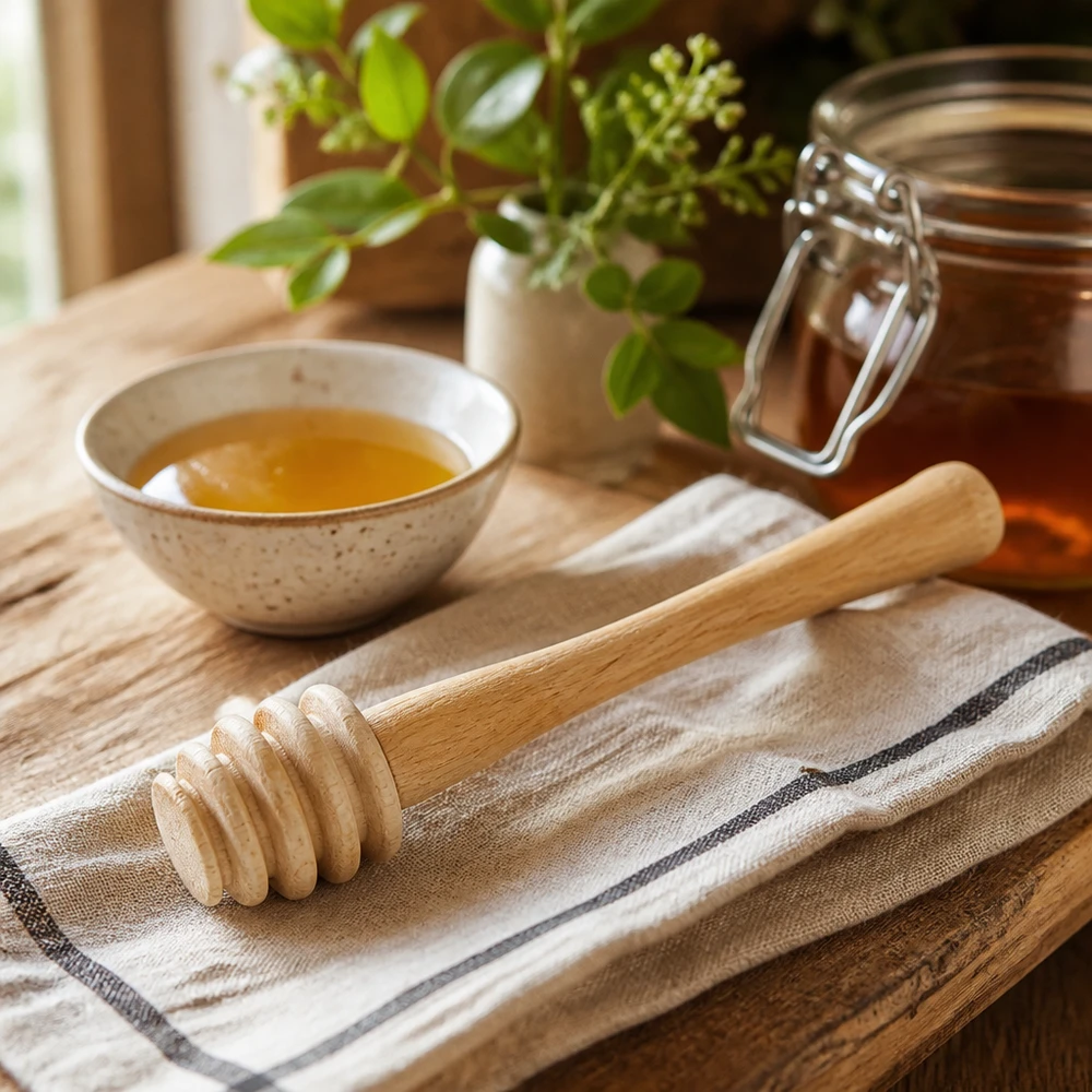 Cucchiaio da miele in robusto legno d'acero / lunghezza 10,5 cm Cucchiaio da miele in legno d'acero accanto a una ciotola e a un vasetto di miele su un tavolo di legno rustico con un vaso di erbe sullo sfondo
