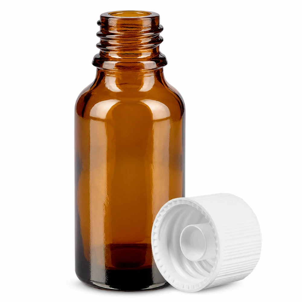 Flacone in vetro ambrato da 20 ml con tappo SV bianco perfetto per la cosmesi e l'aromaterapia fai da te