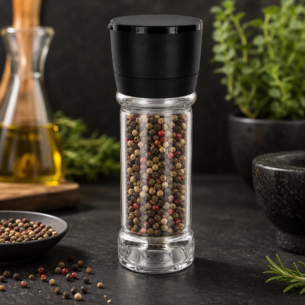 Pot à sel/épices 100 ml avec moulin Vario noir Klares Glas-Gewürzstreuer mit schwarzer Mühle Vario neben Olivenöl Kräutern und Mörser