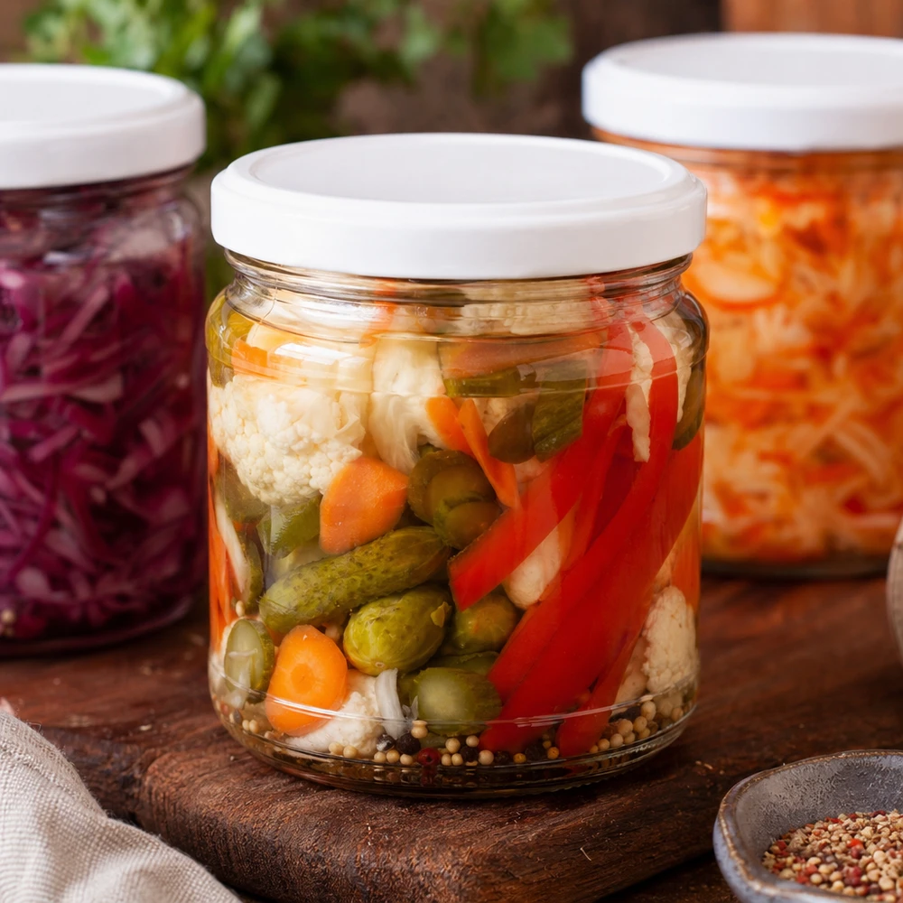 212ml Rundglas mit BasicSeal Deckel gefüllt mit eingelegtem Gemüse - Gurken, Paprika, Blumenkohl und Gewürzen