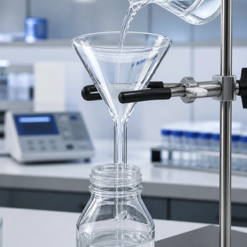 Imbuto in vetro con angolo di 60 gradi da 50 mm in calce sodata per un trasferimento ottimale dei liquidi in laboratorio