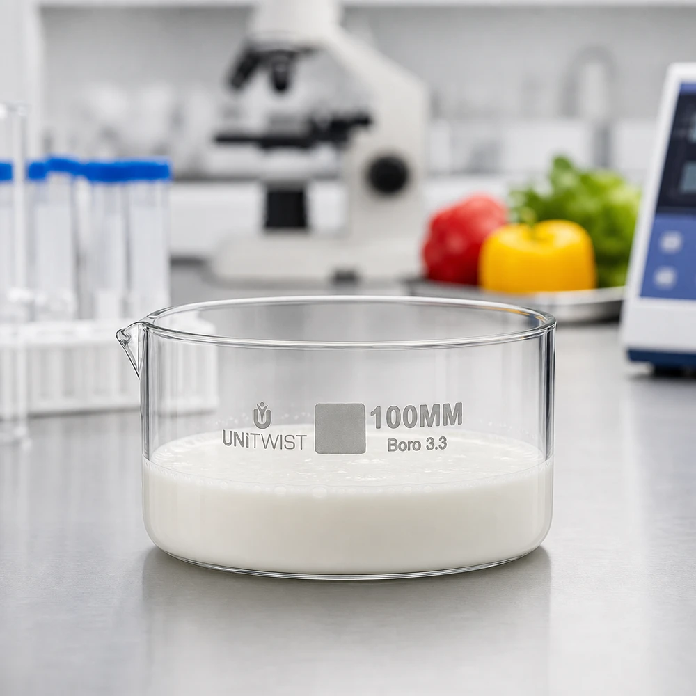 Cristallisoir ø100mm verre borosilicaté UNiTWIST Coupelle de cristallisation 100 mm UNiTWIST remplie d'une substance blanche – Laboratoire alimentaire – Verre borosilicaté