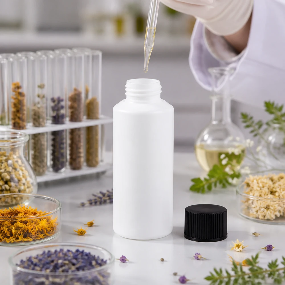 Flacon rond en PEHD de 30 ml, blanc, avec un SV noir entouré de fleurs et de plantes séchées