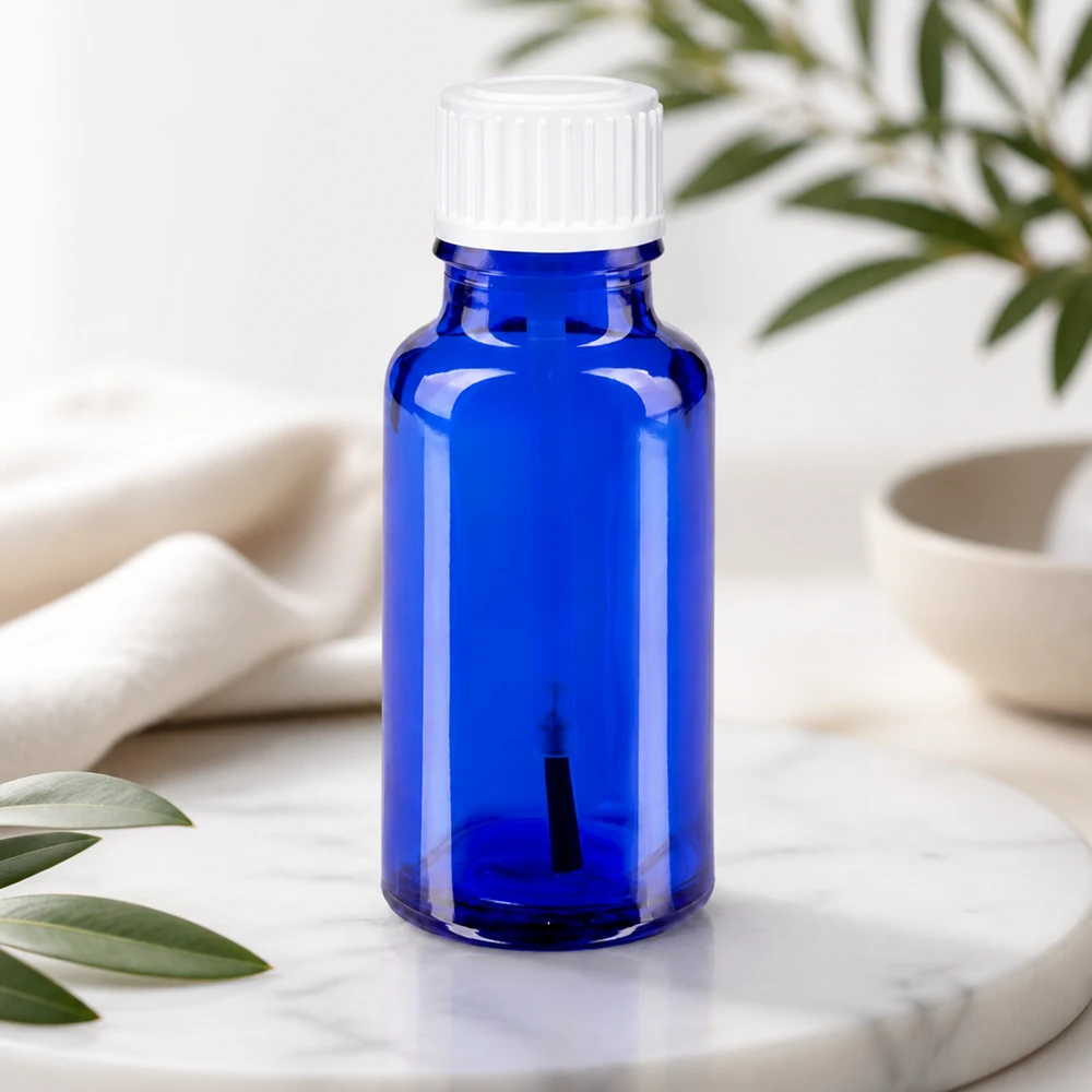 Apothekenflasche blau 20ml Schraubverschluss weiß Pinsel Apothekerflasche blau 20ml Borosilikatglas mit weißem Schraubdeckel Pinseleinlage