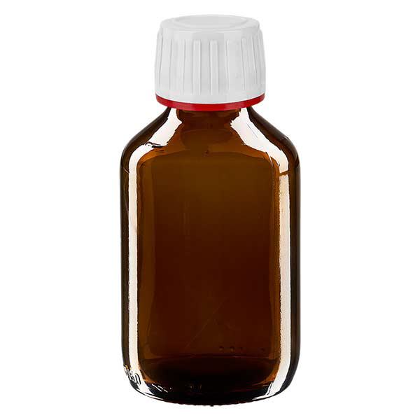 Flacone per medicinali da 150 ml marrone, tappo bianco antimanomissione Flacone per medicinali da 150 ml marrone, tappo bianco antimanomissione