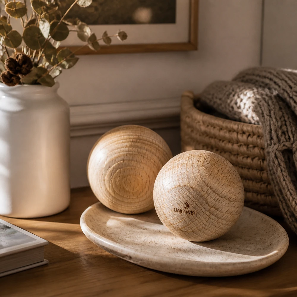 Palla in legno UNiTWIST (faggio) per WECK RR60 UNiTWIST palla in legno di faggio WECK RR60 su ciotola in legno disposta in modo decorativo con vaso in ceramica e tessuto a maglia accessorio per la casa