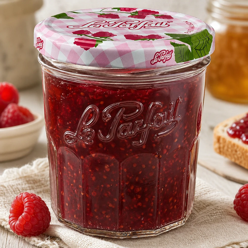 Le Parfait® Jam 324 ml Ø82 mm vaso marmellata Gefülltes 324ml Le Parfait Sturzglas mit Himbeermarmelade und dekorativem Schraubdeckel in gemütlicher Küche