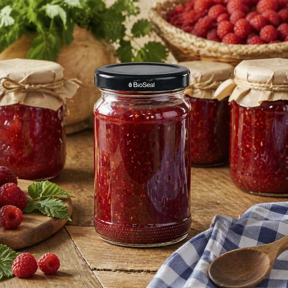 UNiTWIST Runda110 mit Himbeermarmelade gefüllt und schwarzem TO48 BioSeal Deckel zwischen Einmachgläsern auf Holzuntergr