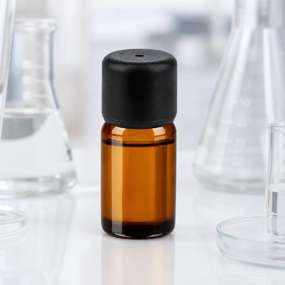 Flacone in vetro ambrato da 5 ml con tappo standard da 6 mm per applicazioni di laboratorio professionali.