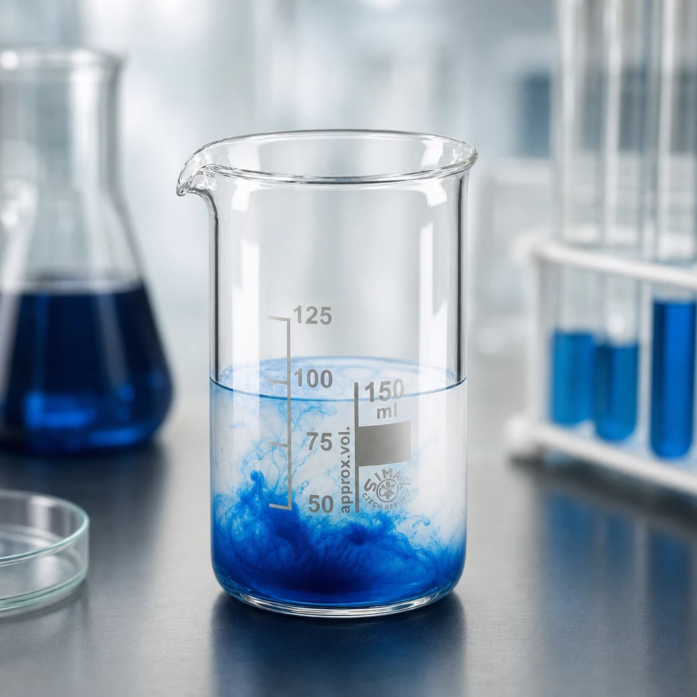 Bicchiere in vetro borosilicato da 150 ml, forma alta Bicchiere in vetro borosilicato da 150 ml, modello alto, con una soluzione blu in un laboratorio chimico