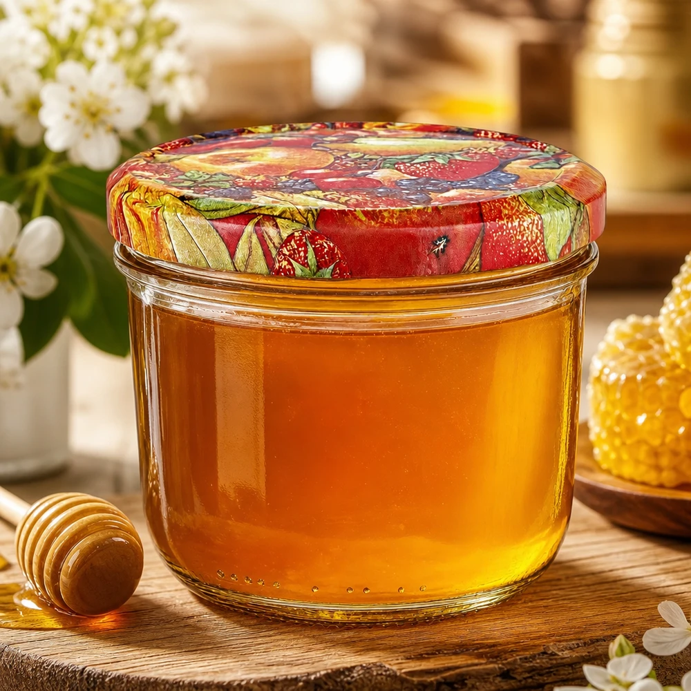 230ml Sturzglas + BasicSeal Deckel Obst-Dekor UNiTWIST 230ml Sturzglas mit Honig befüllt und buntem BasicSeal Obstdekor-Deckel neben Honiglöffel und Bienenwabe