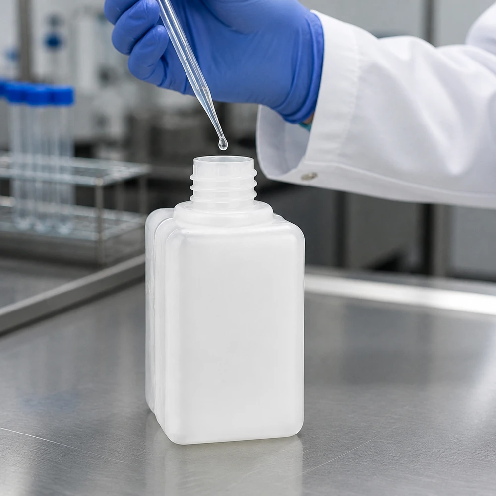 Petites flacons en plastique transparent à col étroit de 50 ml, type GL 18, pour un remplissage précis des réactifs