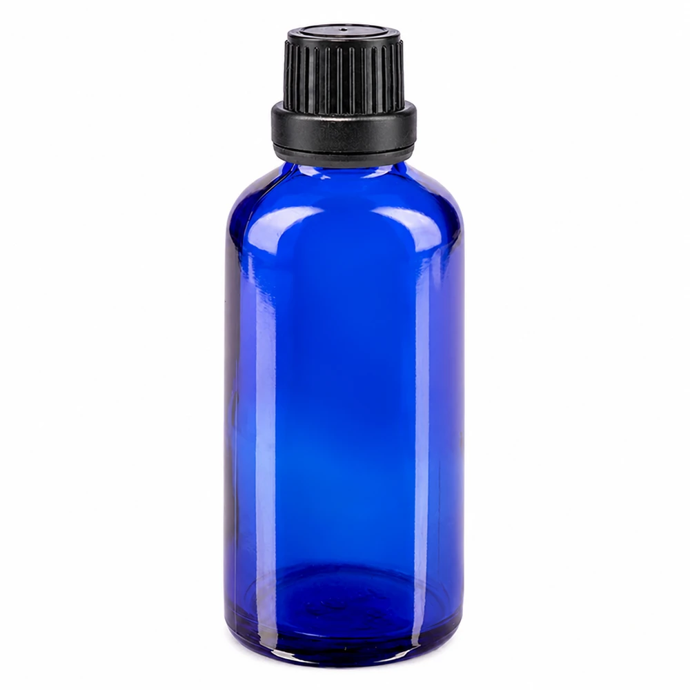 Kleine blaue Apothekerflasche 50ml mit schwarzem Sicherheitsverschluss 11mm
