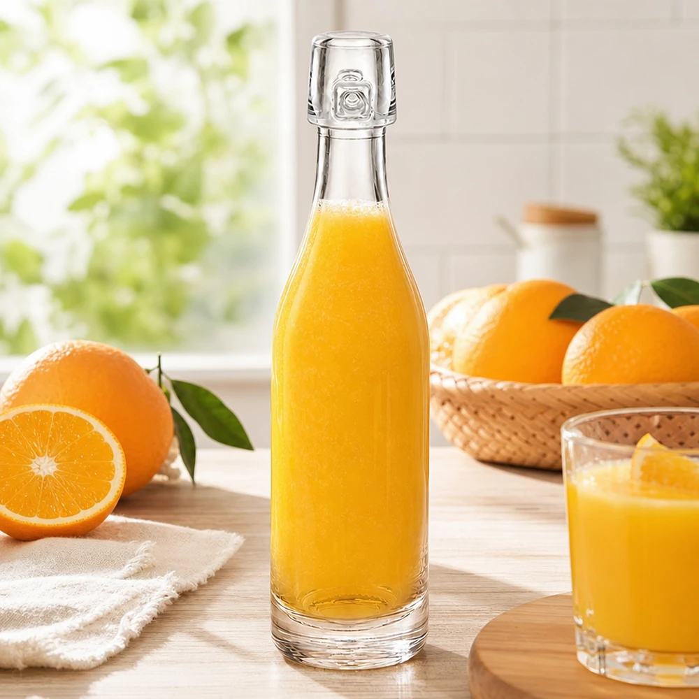 Bottiglia di vetro da 50 ml UNiTWIST riempita di succo d'arancia tra arance fresche luce della finestra della cucina