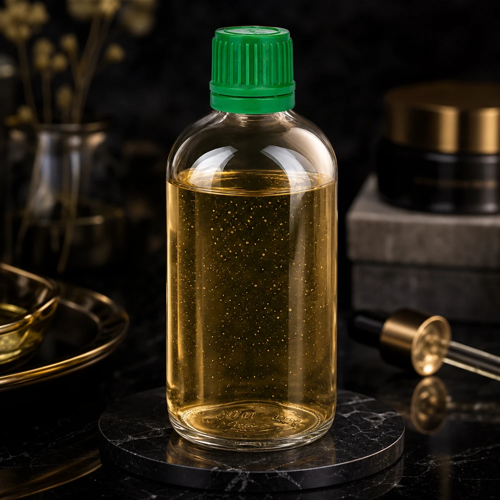 100ml Flasche 11mm Schraubverschluss grün Originalitätsverschluss ClearLine UT18/100 Zylindrische 100ml ClearLine Flasche UT18 grüner OV 11mm SV mit schimmerndem Öl befüllt