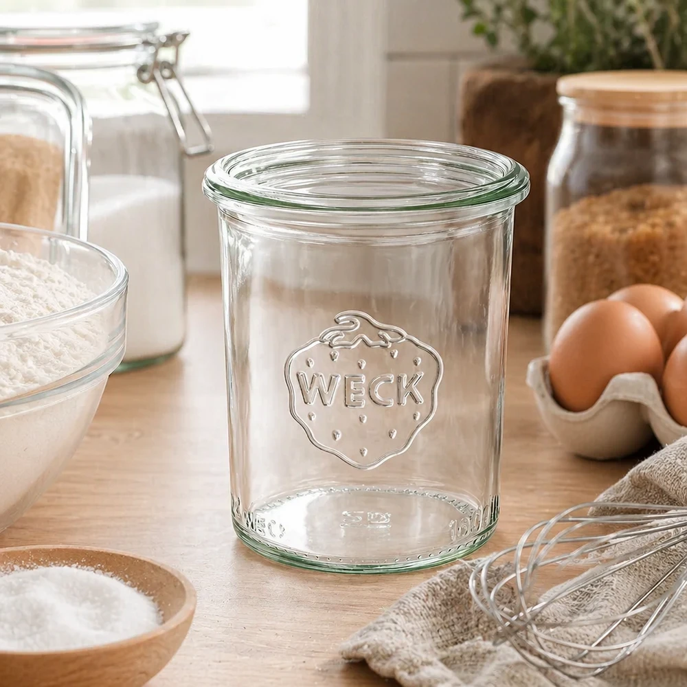 Barattolo da 160ml WECK RR60 Barattolo in vetro trasparente WECK RR60 da 160 ml con logo in una cucina moderna accanto a uova e ingredienti da forno