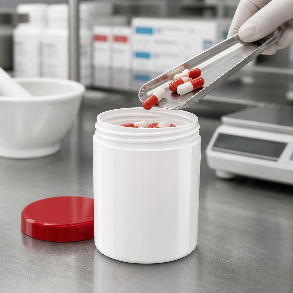 Pot à onguent blanc 50 g avec couvercle rouge (PP) Boîte de rangement pour gélules en polypropylène blanc de 50 g avec couvercle à vis rouge à sécurité enfant