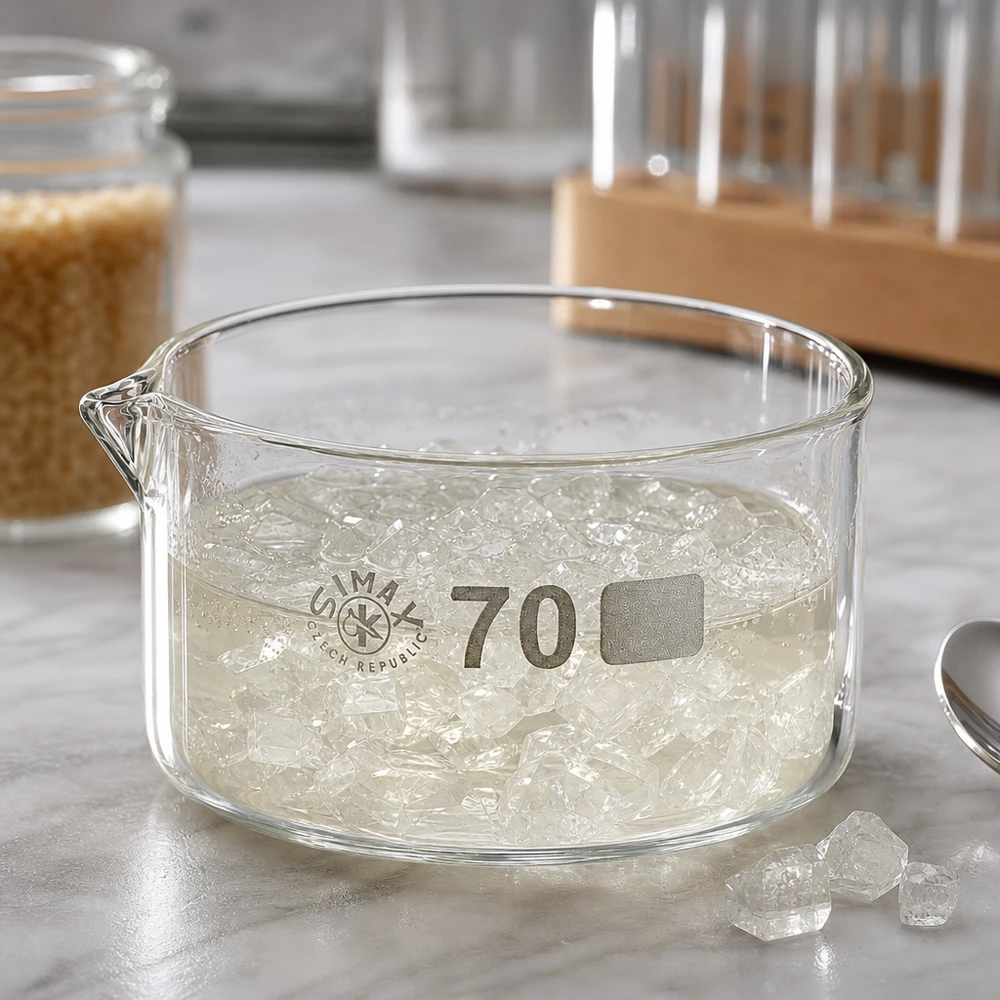 Cristallizzatore da 100 ml con beccuccio Bo.. ø70mm Ciotola piatta Simax da 100 ml piena di cubetti di ghiaccio su una superficie di marmo, accanto a delle provette