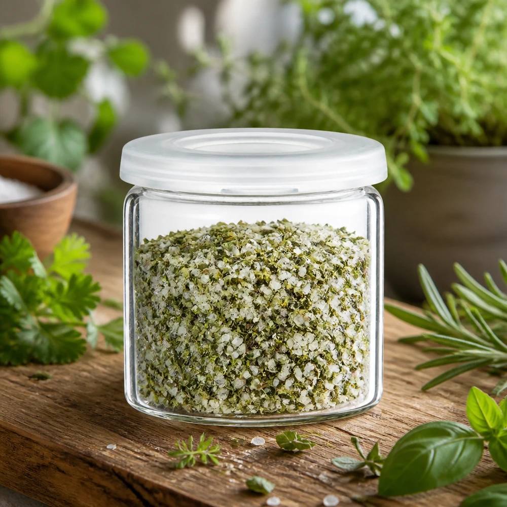 Idea barattolo per spezie: barattolo per compresse da 5ml (barattolo con bordo arrotolato) in vetro trasparente Vaso cilindrico in vetro trasparente con sale alle erbe verde e bianco, accanto a rosmarino, basilico e coriandolo