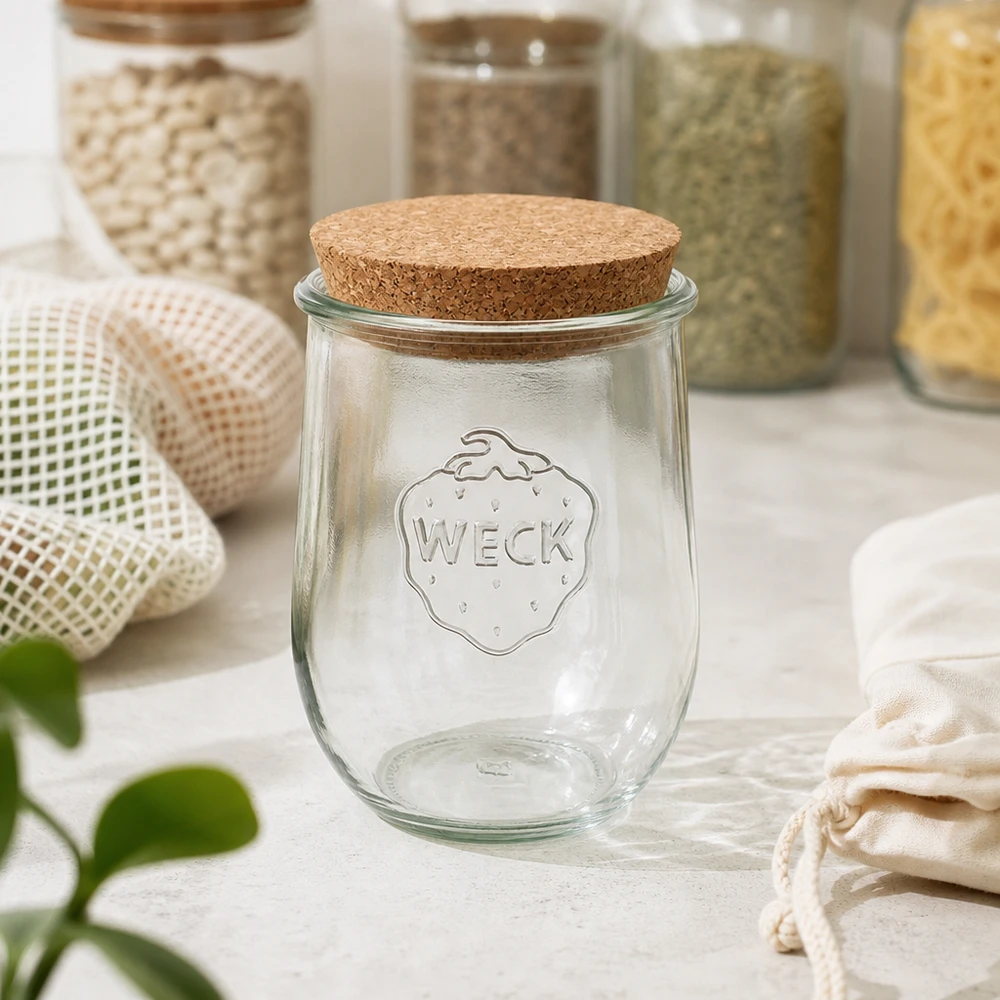 Barattolo per conserve WECK RR100 1062ml con coperchio in sughero in cucina sostenibile a spreco zero tra i contenitori di stoccaggio