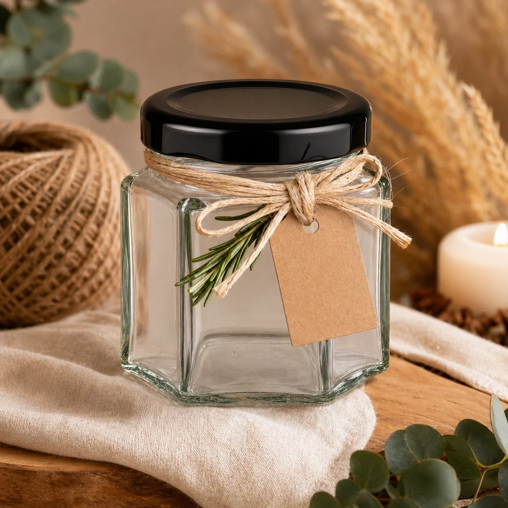 Barattolo hexa da 47 ml con coperchio nero, decorato con nastro di iuta e rametto d'erba come confezione regalo.