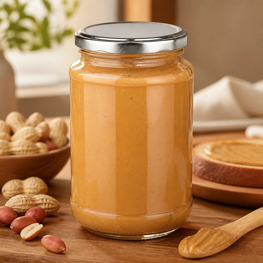 320ml Rundglas mit BasicSeal silber gefüllt mit Nussbutter neben frischen Erdnüssen
