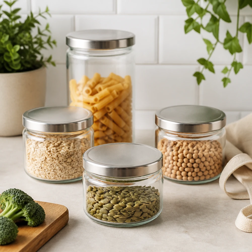 Barattolo rotondo da 330 ml con coperchio BasicSeal in una scena di cucina moderna con pasta lenticchie ceci semi di zucca set di barattoli per la conservazione