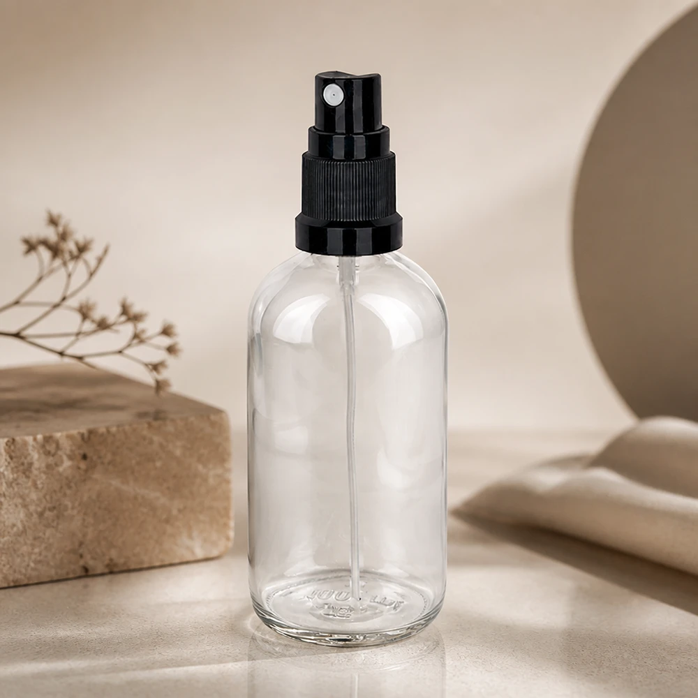100ml Sprayflasche schwarz/transparent Standardverschluss ClearLine UT18/100 Leere Glasflasche 100ml mit schwarzem Feinnebel-Zerstäuber ClearLine Serie UT18 Standardmündung