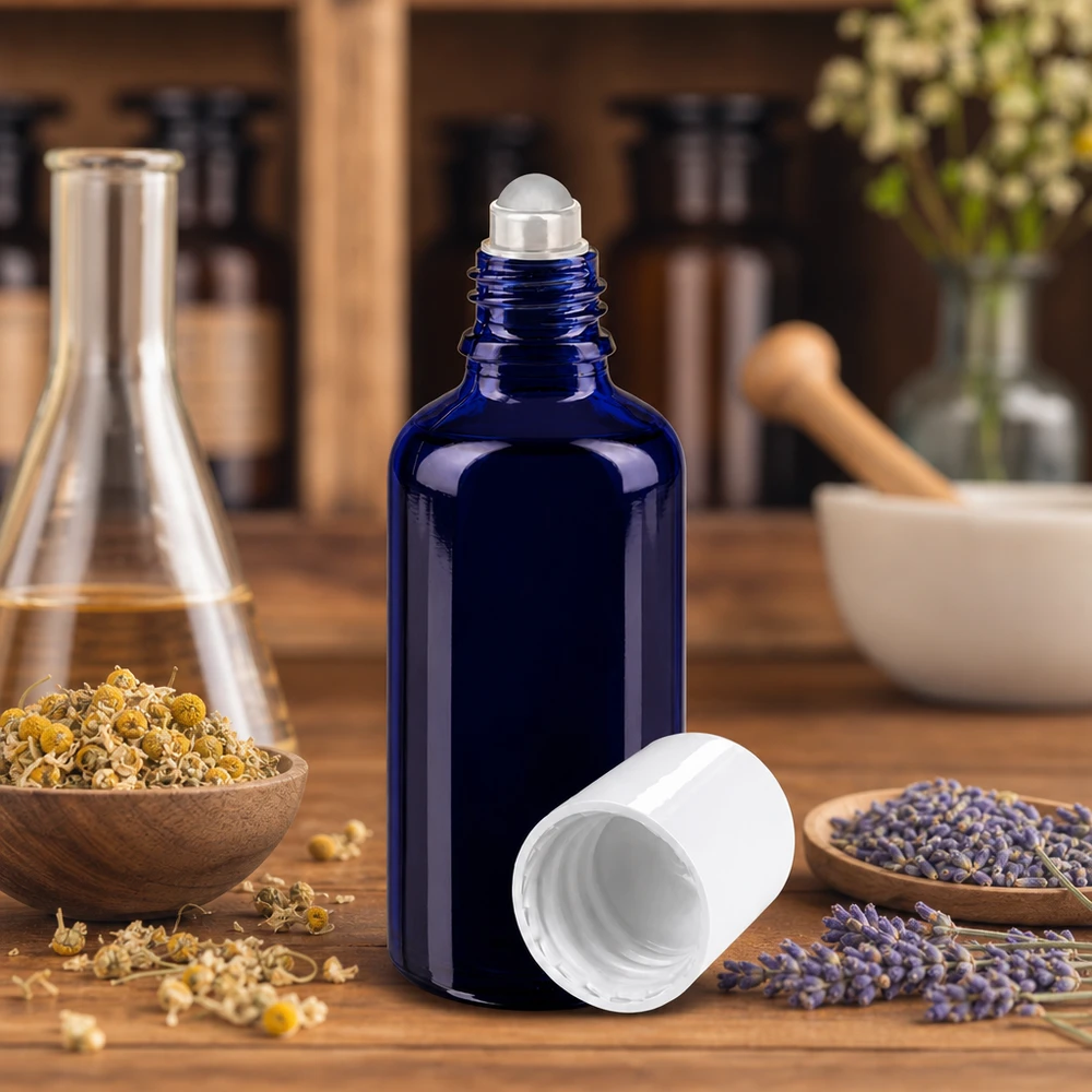 Apothekenflasche blau 50ml Roll-On Verschluss weiß UV-Schutz Apothekerglasflasche 50ml blau mit Rollkugelaufsatz für ätherische Öle und Naturkosmetik
