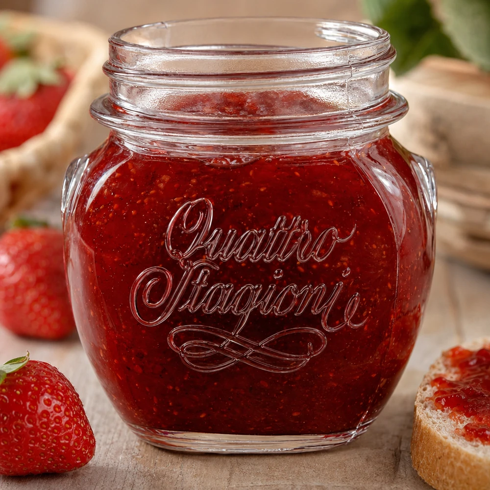 Barattolo casalingo Quattro Stagioni da 300 ml pieno di marmellata di fragole accanto a fragole fresche e pane su un tavolo di legno
