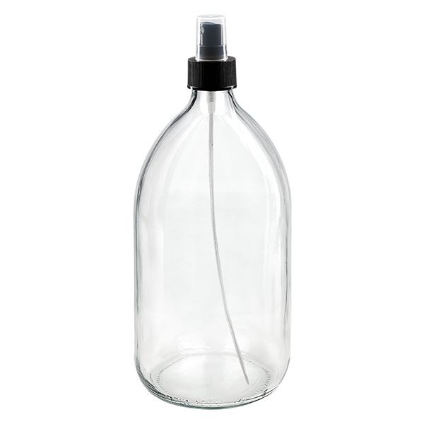 Flacone per medicinali da 1000ml trasparente, con nebulizzatore a pompa nero ApoGl Flacone per medicinali da 1000ml trasparente, con nebulizzatore a pompa nero ApoGl
