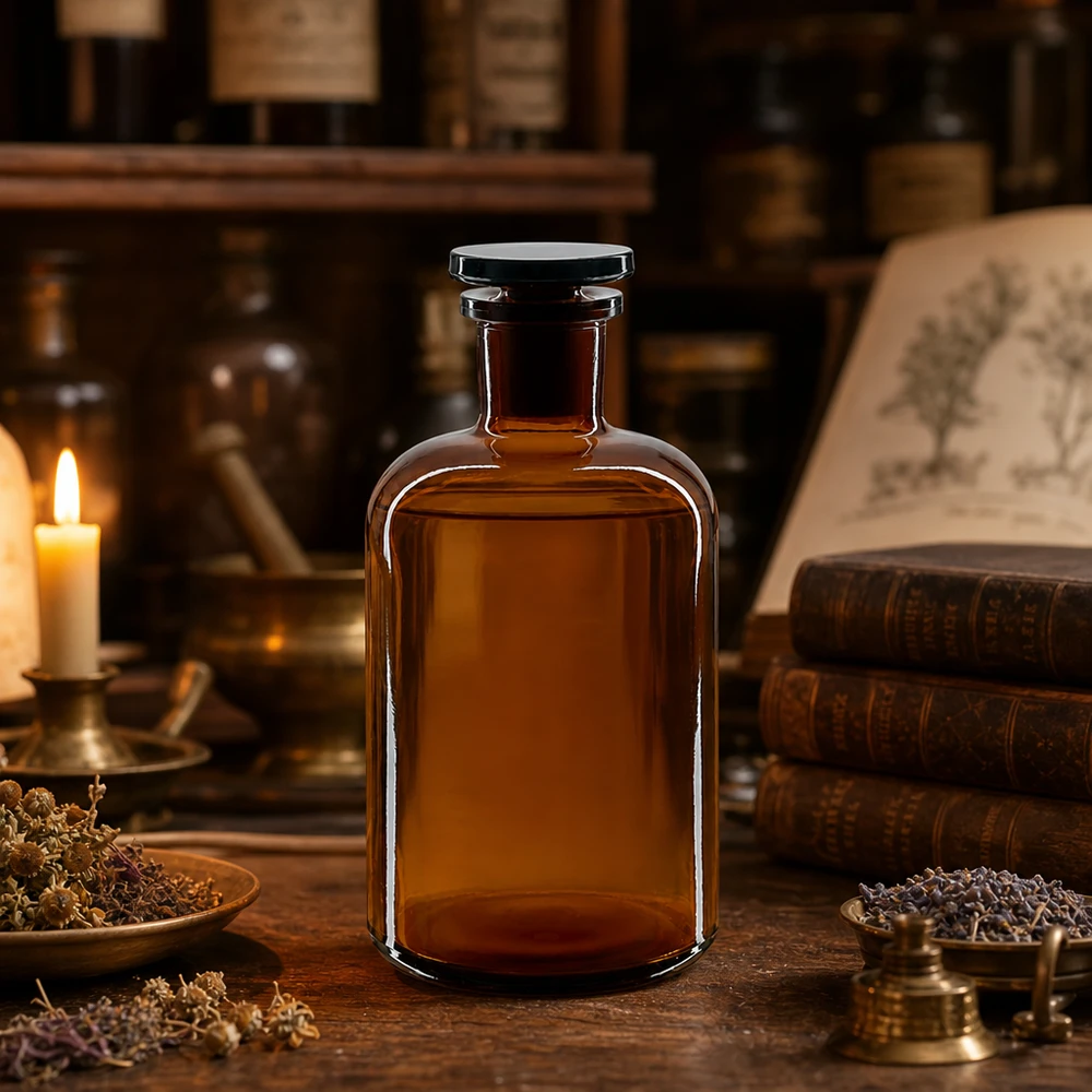 Bottiglia a spalla tonda 500ml marrone collo stretto in vetro con tappo Flacone da farmacia da 500 ml, marrone, a collo stretto con tappo in vetro, per conservazione al riparo dalla luce
