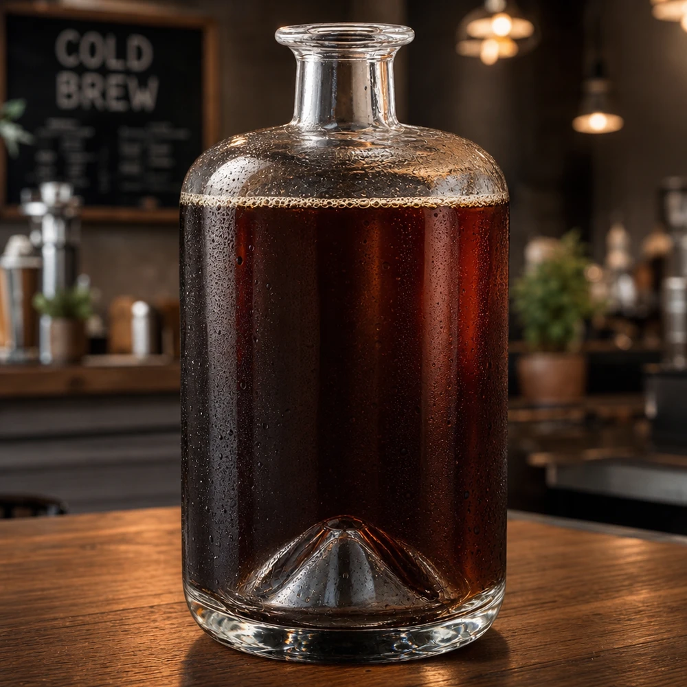 Flacone farmaceutico da 700 ml Sofia senza tappo UNiTWIST® Glasflasche Sofia 700ml mit Cold Brew Kaffee befüllt in Café-Atmosphäre zeigt vielseitige Getränke-Verwendung